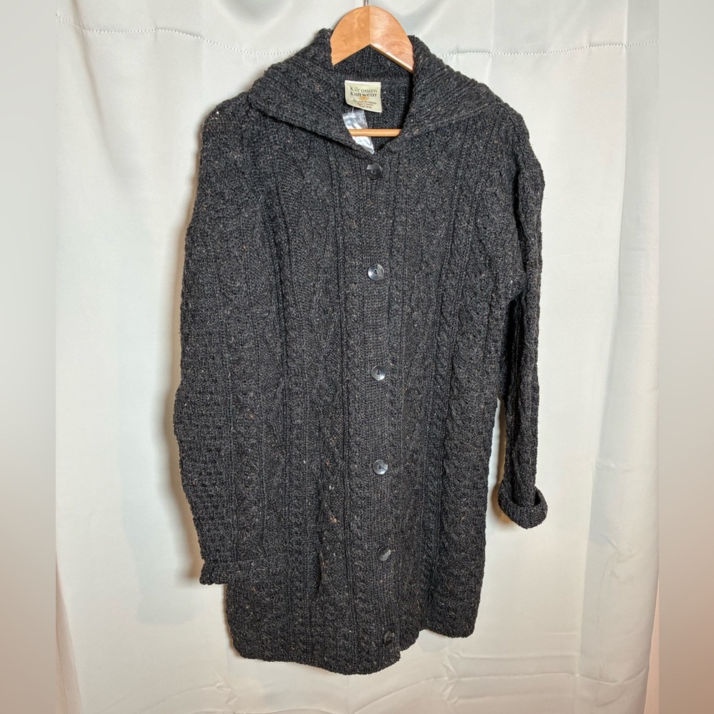 Kilronan Knitwear L‎ Long Irish Aran Cable Knit Cardigan Coat 96% Wool Shawl - Picture 2 of 7